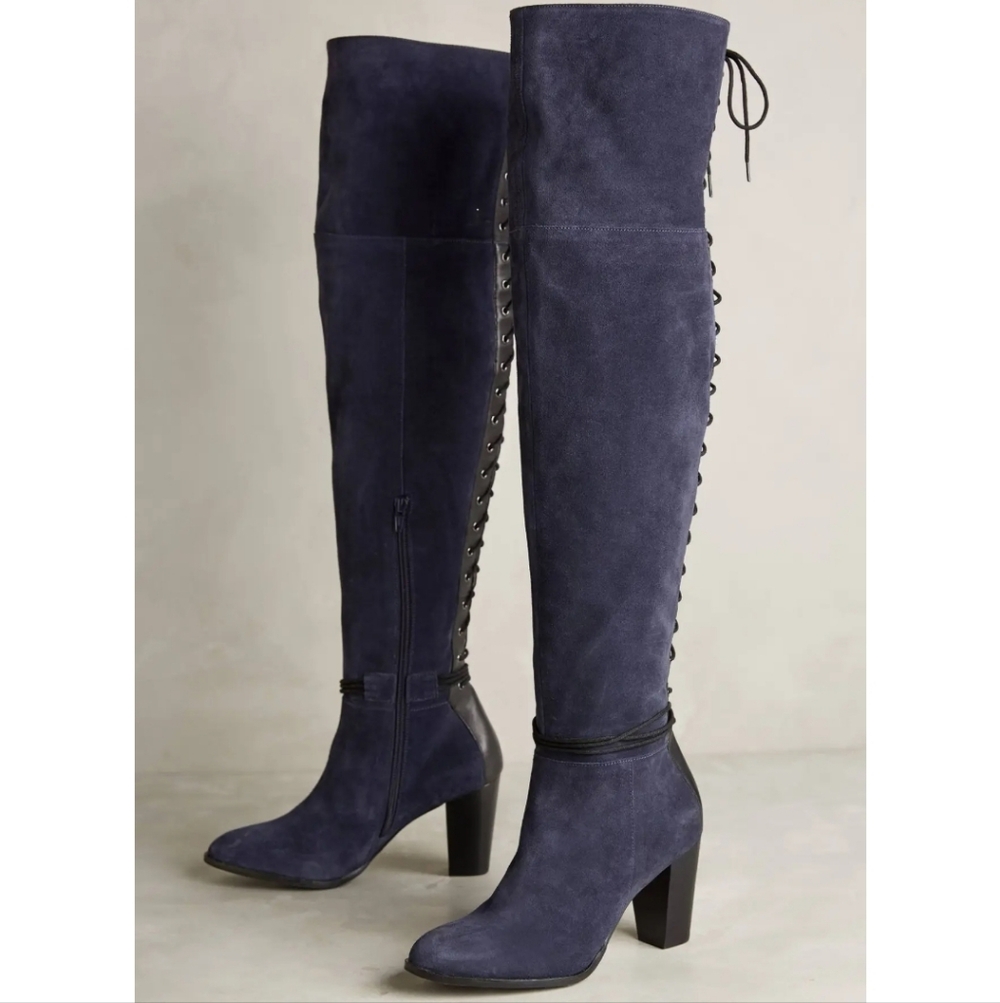 Anthropologie Lien Do Toro Over-the-Knee Navy Suede Lace-Up Boots 9